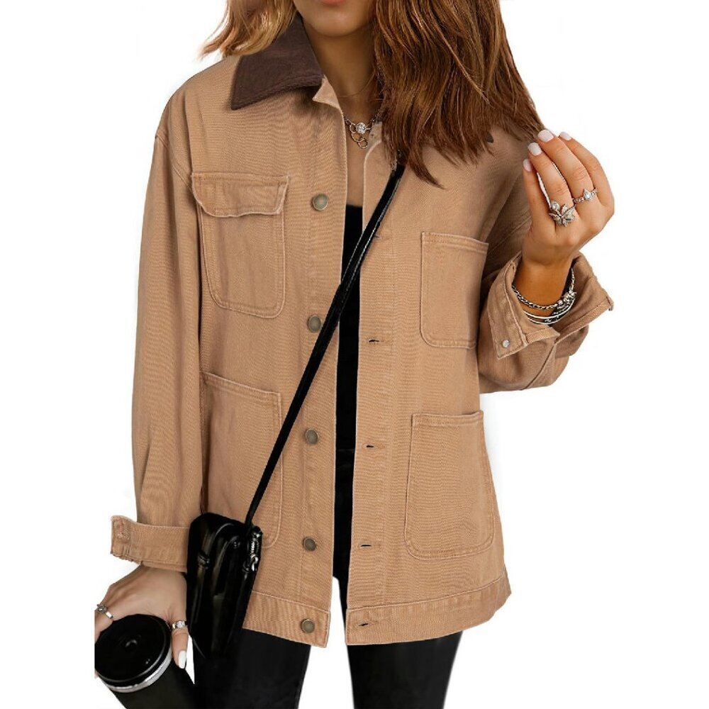 Oversized Denim Jacket with Corduroy Collar, 4 Pockets, Drop Shoulder